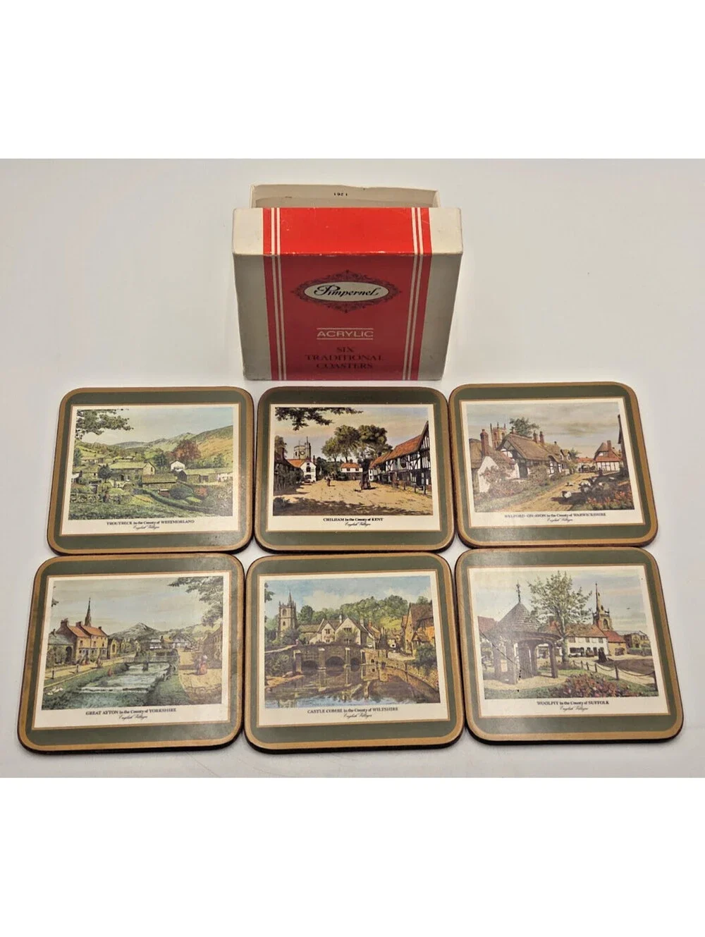 Vintage 1981 Pimpernel English Villages Coasters Set of 6 Acrylic Cork Backed